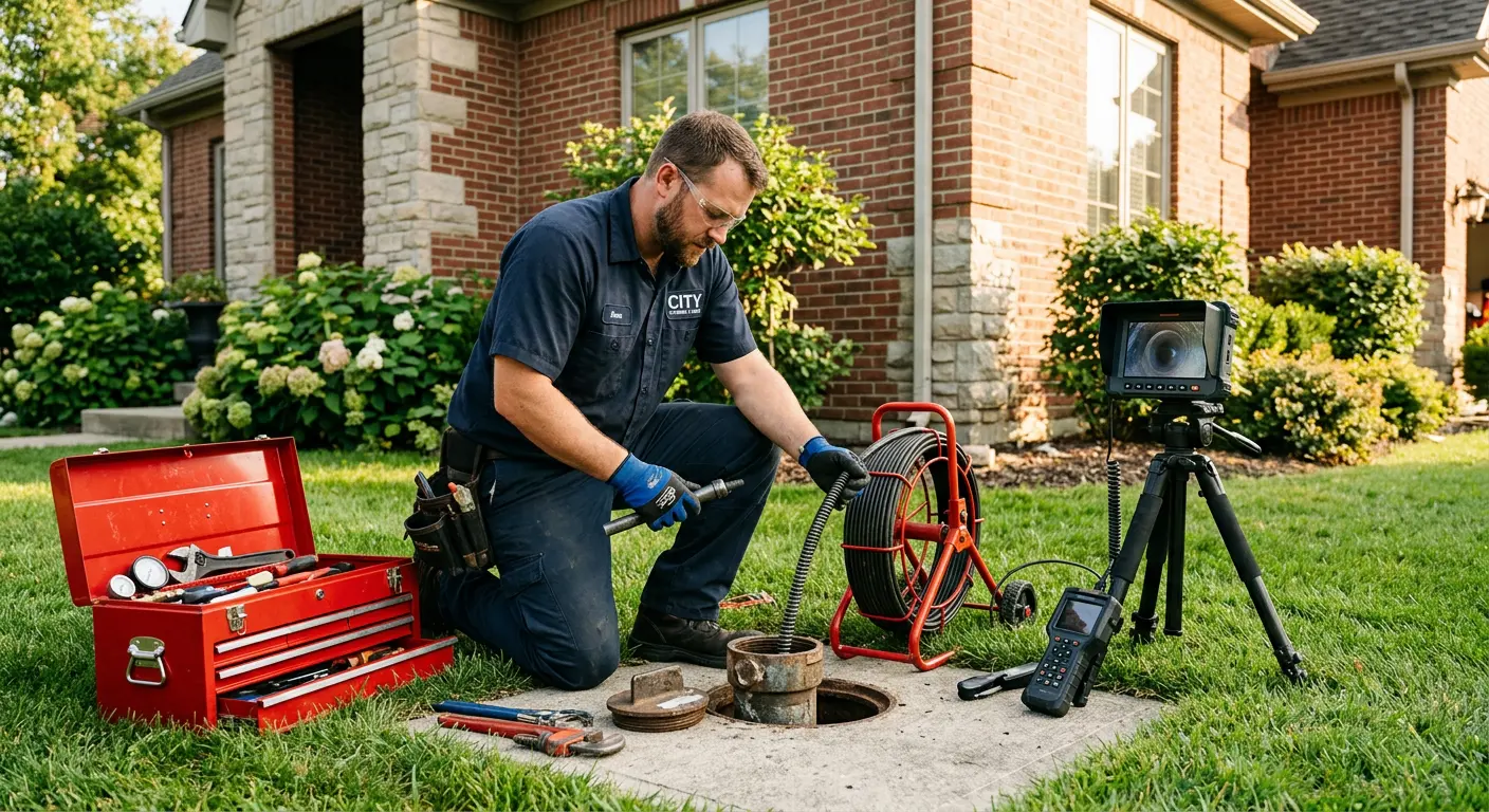 Sewer specialist with camera equipment servicing a cleanout in Boonville