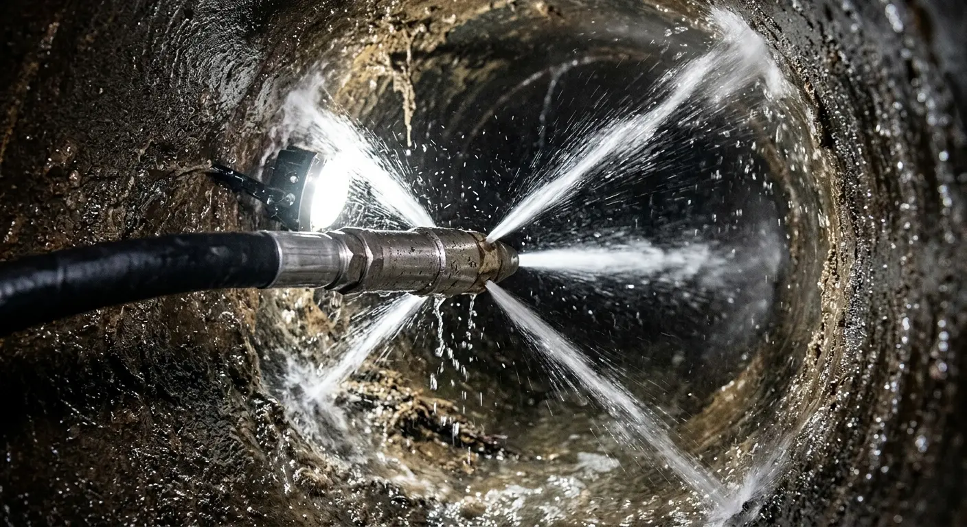 High-pressure hydro jetting nozzle cleaning sewer pipe for Storm Drain Cleaning in Boonville
