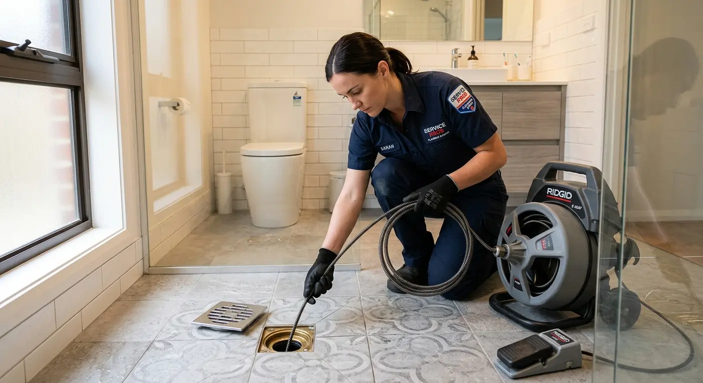 Technician clearing a bathroom floor drain for Sewer Line Installation in Boonville